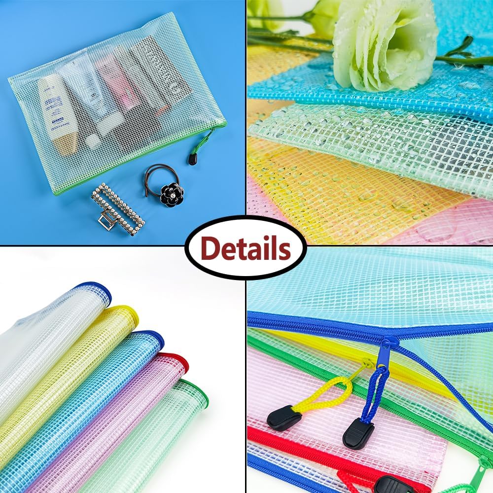 10 Pcs Zipper File Bags, Waterproof Plastic Mesh Pouch for Office School, Board Game Storage Bags (B5 Size 11.4''x8.2'', Multicolored) image 3