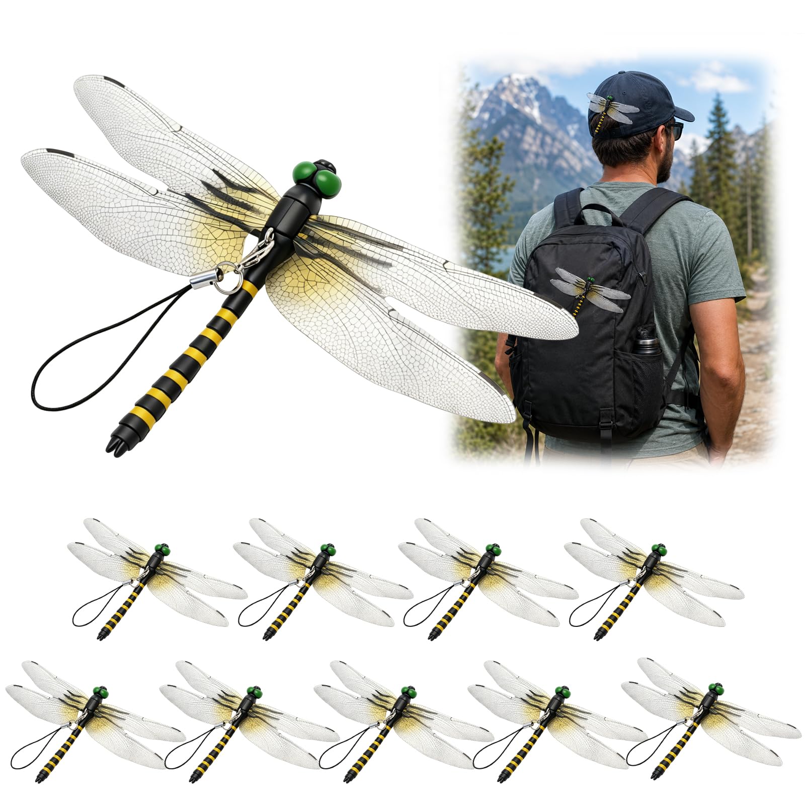 10PCS Dragon Fly Clips for Bugs Repellent - Lifelike 3D Fake Dragonflies to Keep Bugs Away,Durable PVC Dragonfly Clip for Garden Deck Patio Decor, Hat, Backpack, Outdoor Camping, Hiking, Fishing