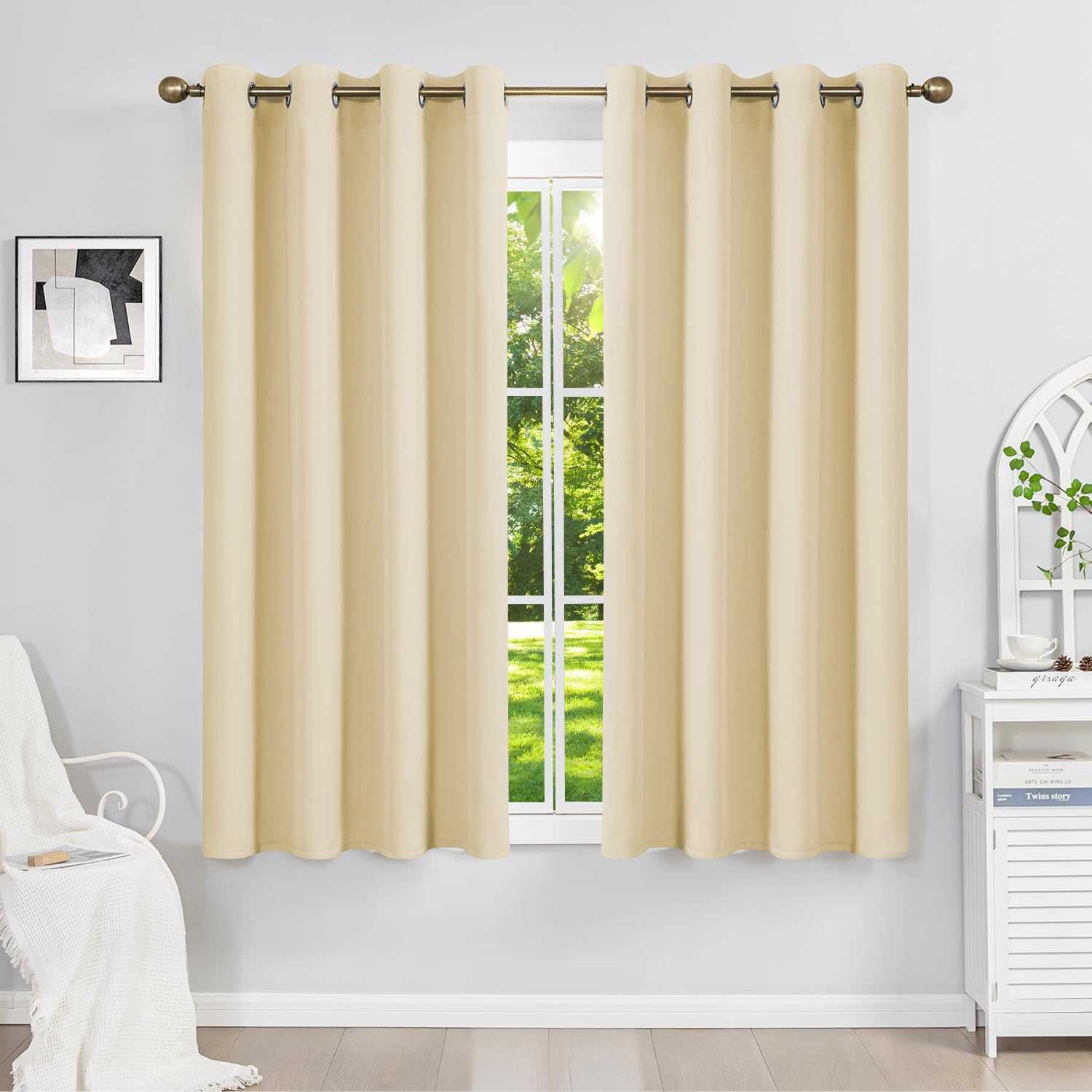 Runyéla Blackout Curtains for Bedroom Eyelet 52 x 54 Inch Drop Thermal Black Out Curtain for Living Room, 2 Panels, Beige