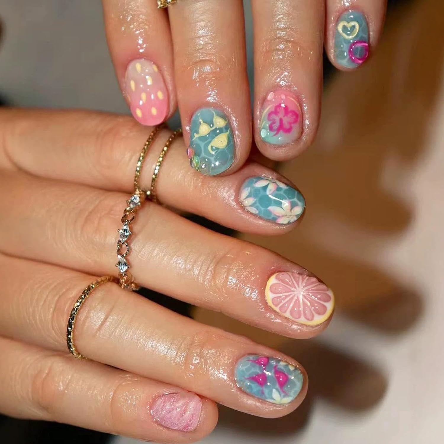 Summer Press on Nails Short Square Pink & Blue Designs