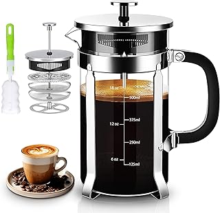 YMMIND French Press Coffee Maker 304 Stainless Steel Coffee Press,with 4 Filters System, Heat Resistant Thickness Borosili...