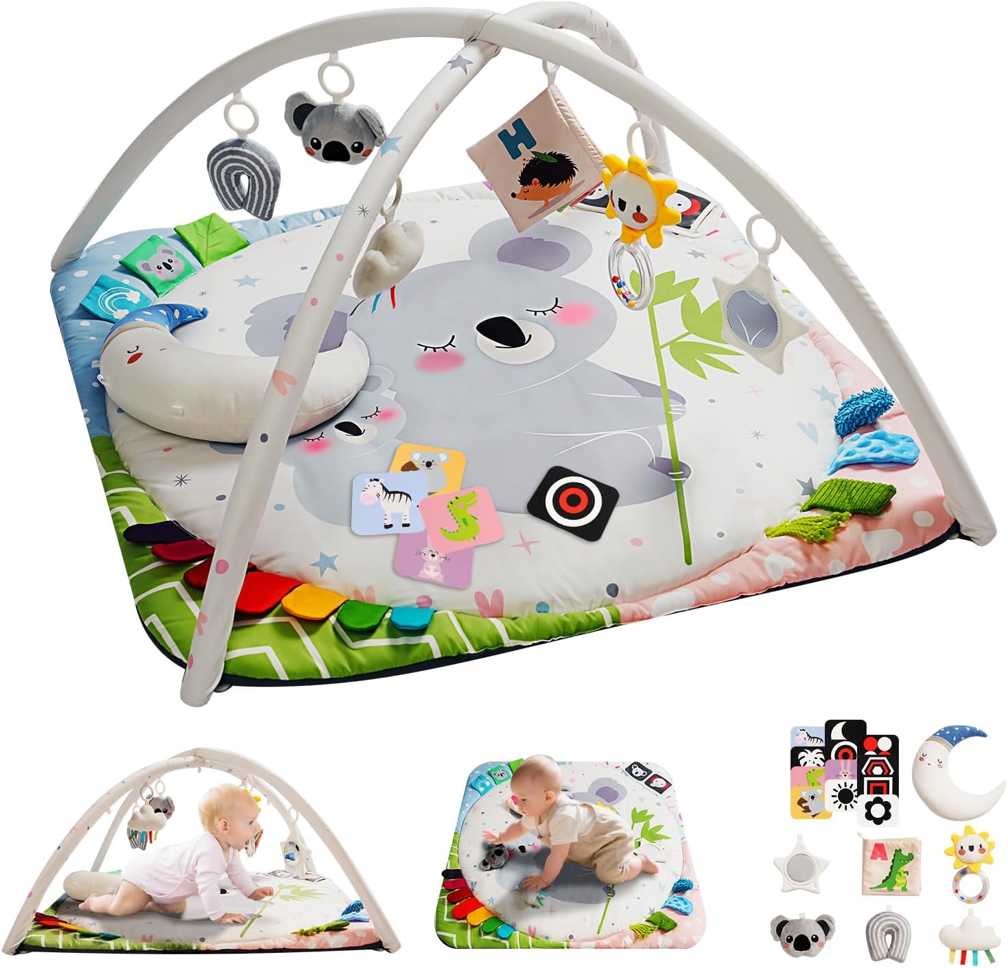 Baby Play Gym with 4 Developmental Zones – Tummy Time Mat & Activity Mat with 6 Sensory Toys, Visual Cards & Pillow – Baby Essentials & Ideal Gift for Newborns