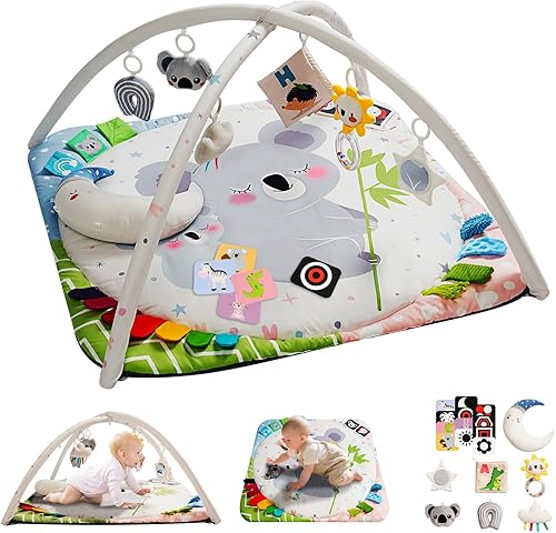 Gimnasio de juego para bebés con 4 zonas de desarrollo, tapete para el tiempo boca abajo y tapete de actividades con 6 juguetes sensoriales,