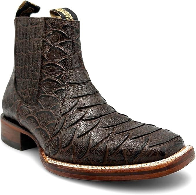 Mens Leather Short Ankle Embossed Python Print Cowboy Boot