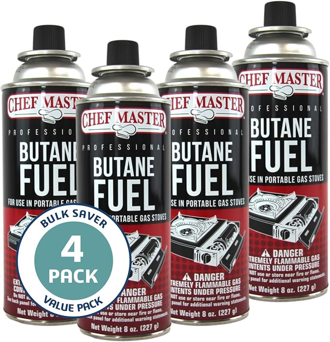 Chef Master 90340 Pack of 4 Butane Fuel Cylinders 8oz Butane