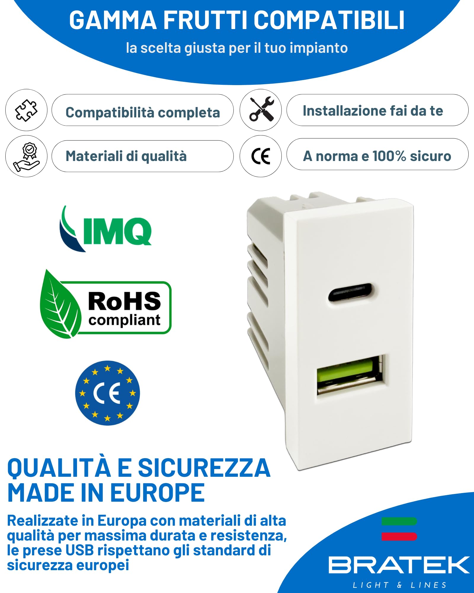 Bratek 2x Toma USB Compatible MatixGO - Doble Puerto USB, Tipo A + Tipo C