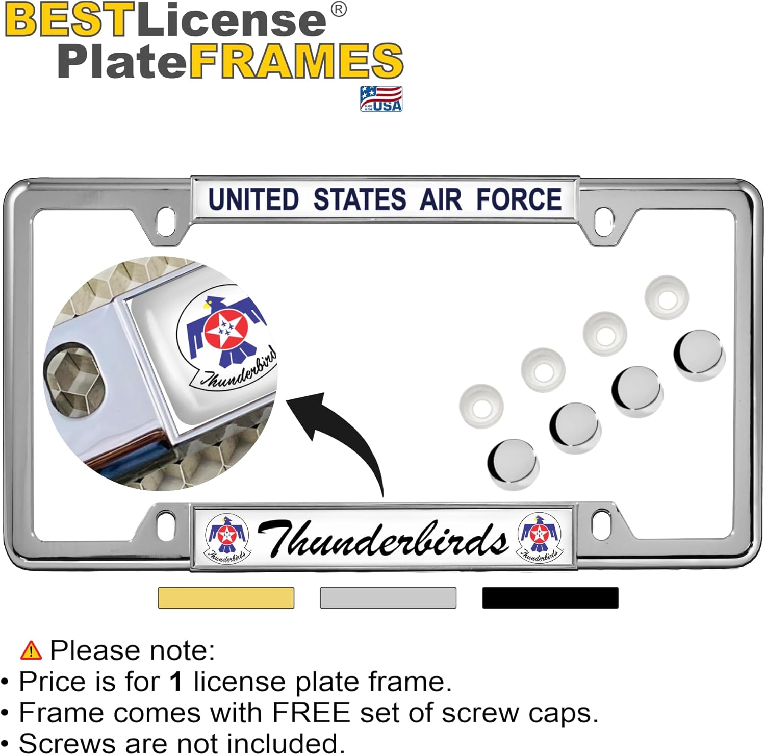 [Officially Licensed U.S. Air Force Product] - USAF Thunderbirds - Domed Custom-Made Personalized Narrow (Thin) Top 4 Hole Metal Car License Plate Frame with Free caps - Chrome (Qty: 1 Frame)