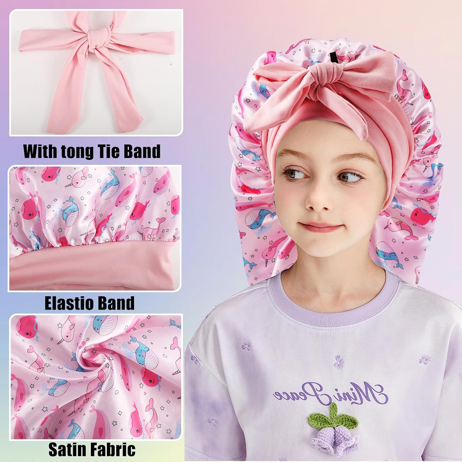 Kids Long Hair Bonnet for Sleeping,Silk Bonnet for Kids with Tie Band,Kids Satin Bonnet for Braid Curly Hair
