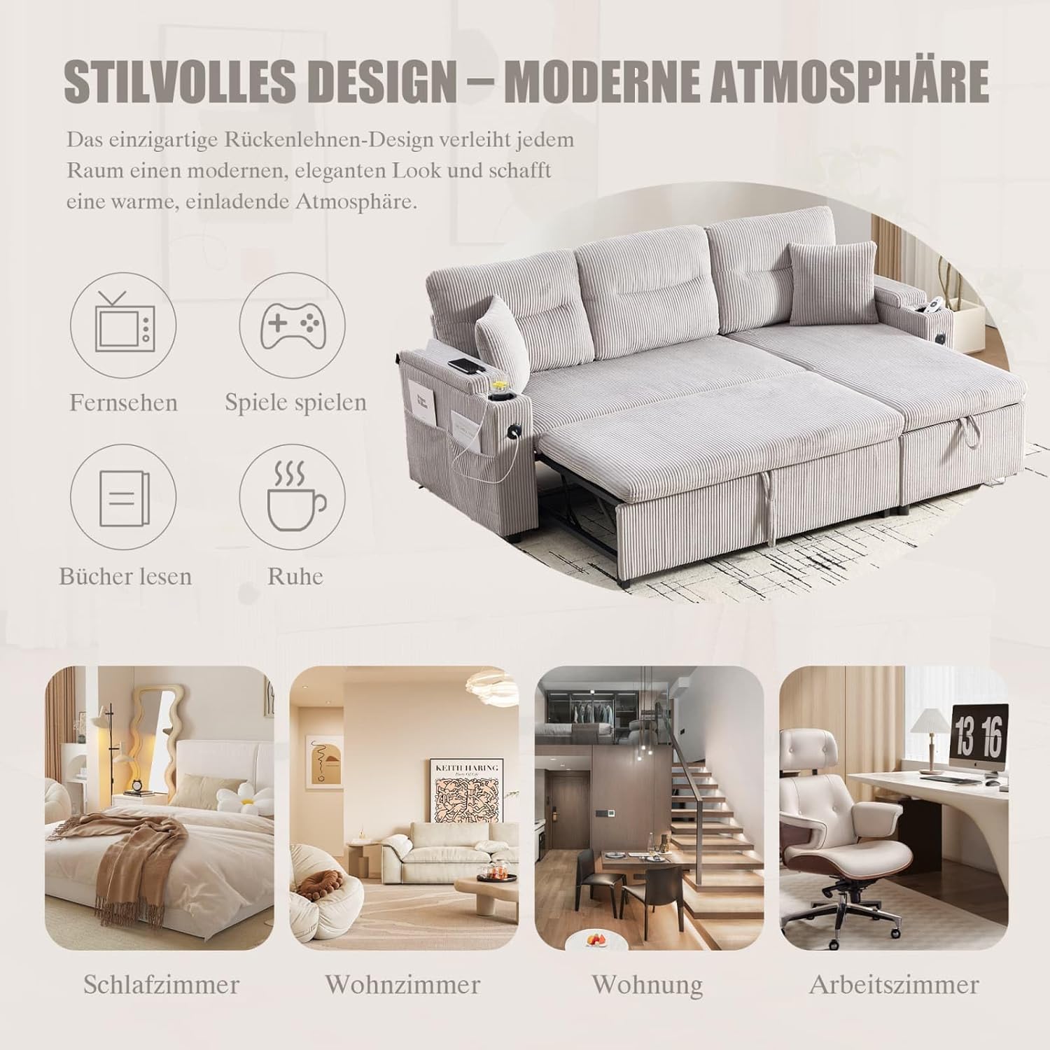 Sofa bed fully extended, ready for use as a sleeping surface.