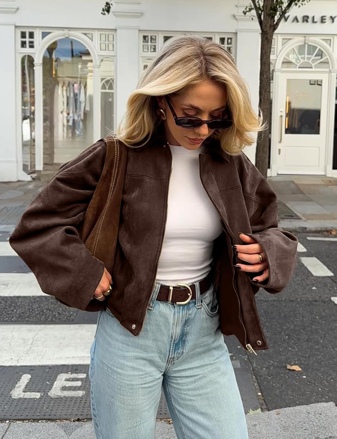 Kissonic Women's Oversized Jackets Faux Suede Bomber Jacket Lapel Pilot Cropped Casual Coat for Streetwear Outerwear - Image 3