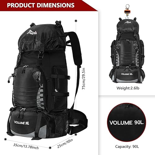 Miniatura 5 de Mochila de senderismo de 90L, bolsa de camping impermeable con cubierta de lluvia, mochila ligera para mochileros, sin marco, Negro -, Mochila de