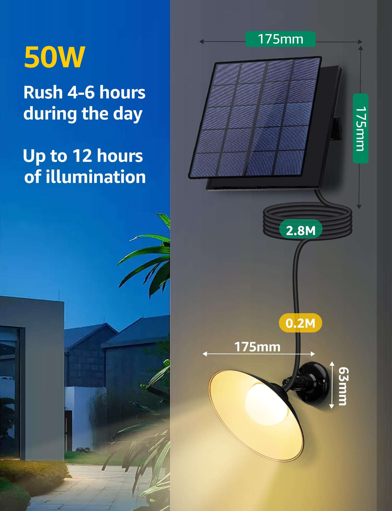 Aigostar Luz Solar Exterior con Sensor Movimiento 50W 500LM - Aplique Solar con Mando a Distancia IP65 - Lámpara Regulable, Batería de Gran Capacidad, Cable de 3M