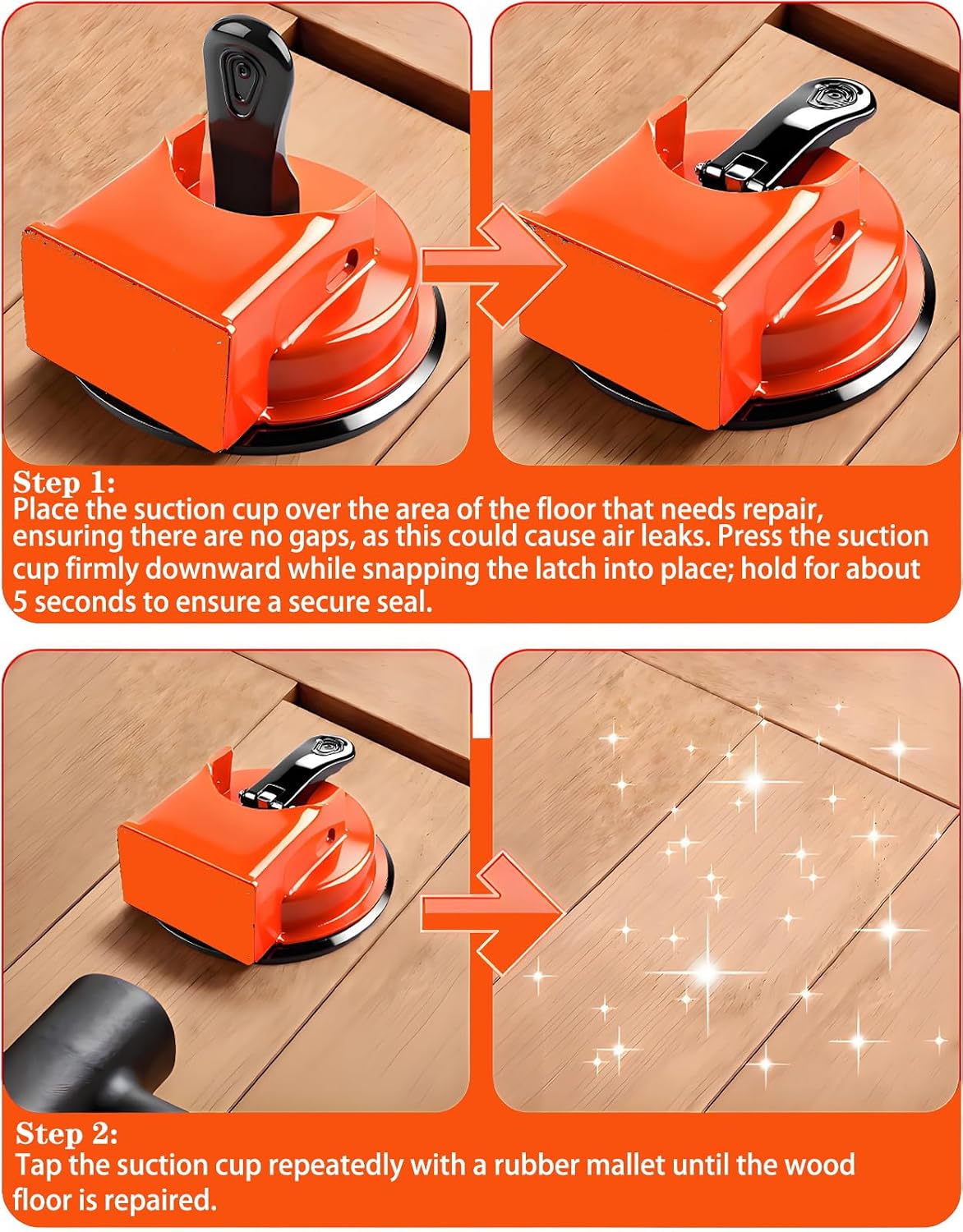 Floor Gap Fixer Tool, Enhanced Floor Gap Suction Tool with Rubber Mallet, Floor Gap Repair Tool for Vinyl Plank Flooring,Laminate,Wood,Tile Flooring Installation and Repair (Orange)