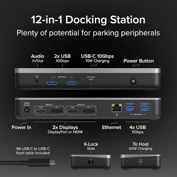 Plugable 12-in-1 Dual 4K USB-C Docking Station, Works with Chromebook Certified, 60W Charging for Classrooms & Business, ChromeOS/Windows, HDMI, DisplayPort, Ethernet, USB-C, 6X USB