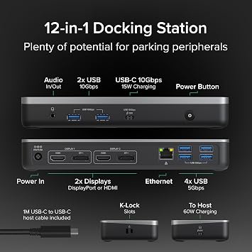 Plugable 12-in-1 Dual 4K USB-C Docking Station, Works with Chromebook Certified, 60W Charging for Classrooms & Business, ChromeOS/Windows, HDMI, DisplayPort, Ethernet, USB-C, 6X USB