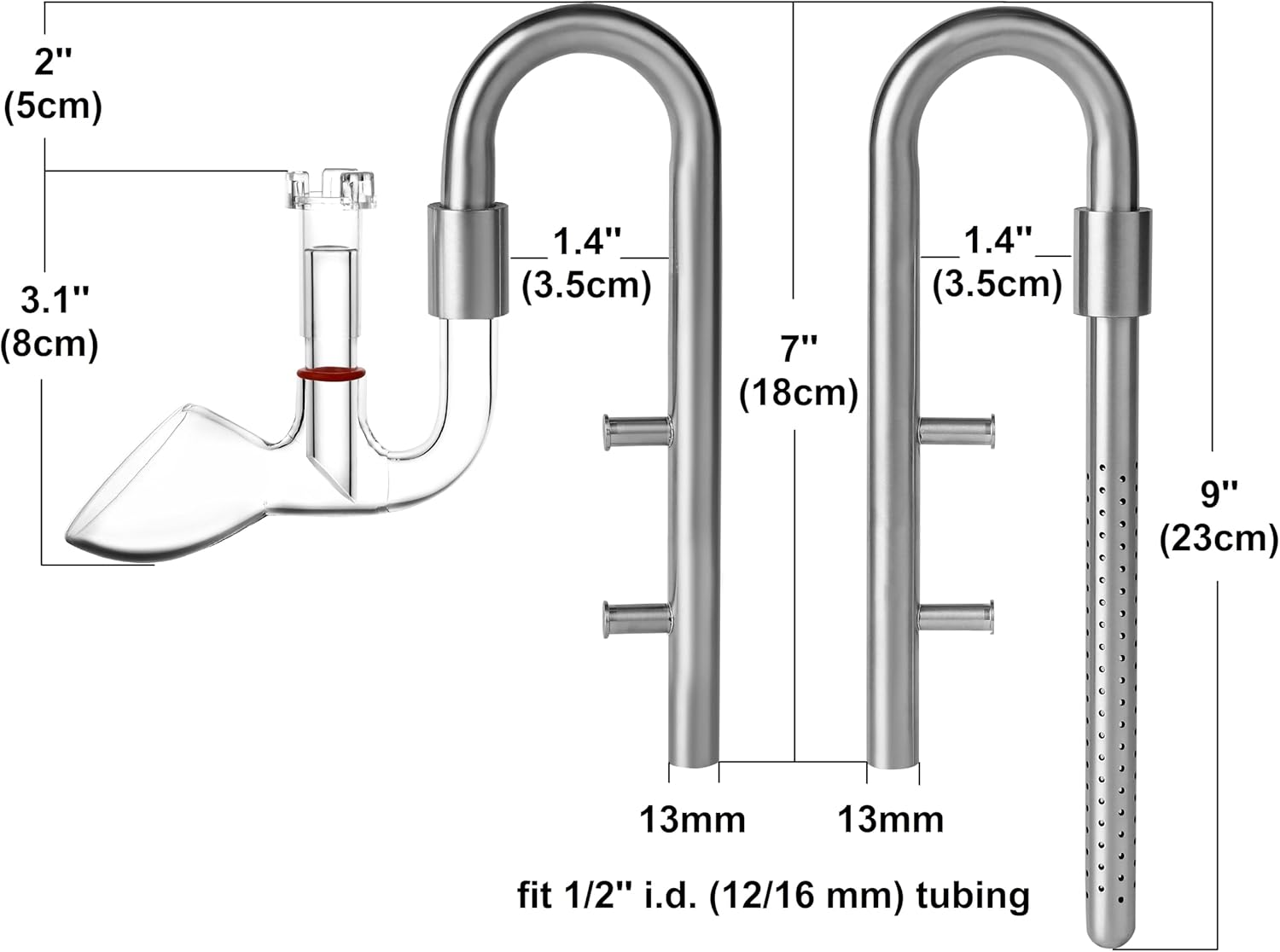 Stainless Steel Lily Pipe Set – Hybrid Steel & Detachable Glass Outflow with Skimmer, 360° Multi-Level Inflow - Fish & Shrimp Safe, Easy to Clean (13mm for 1/2'' i.d. (12/16 mm) tubing)