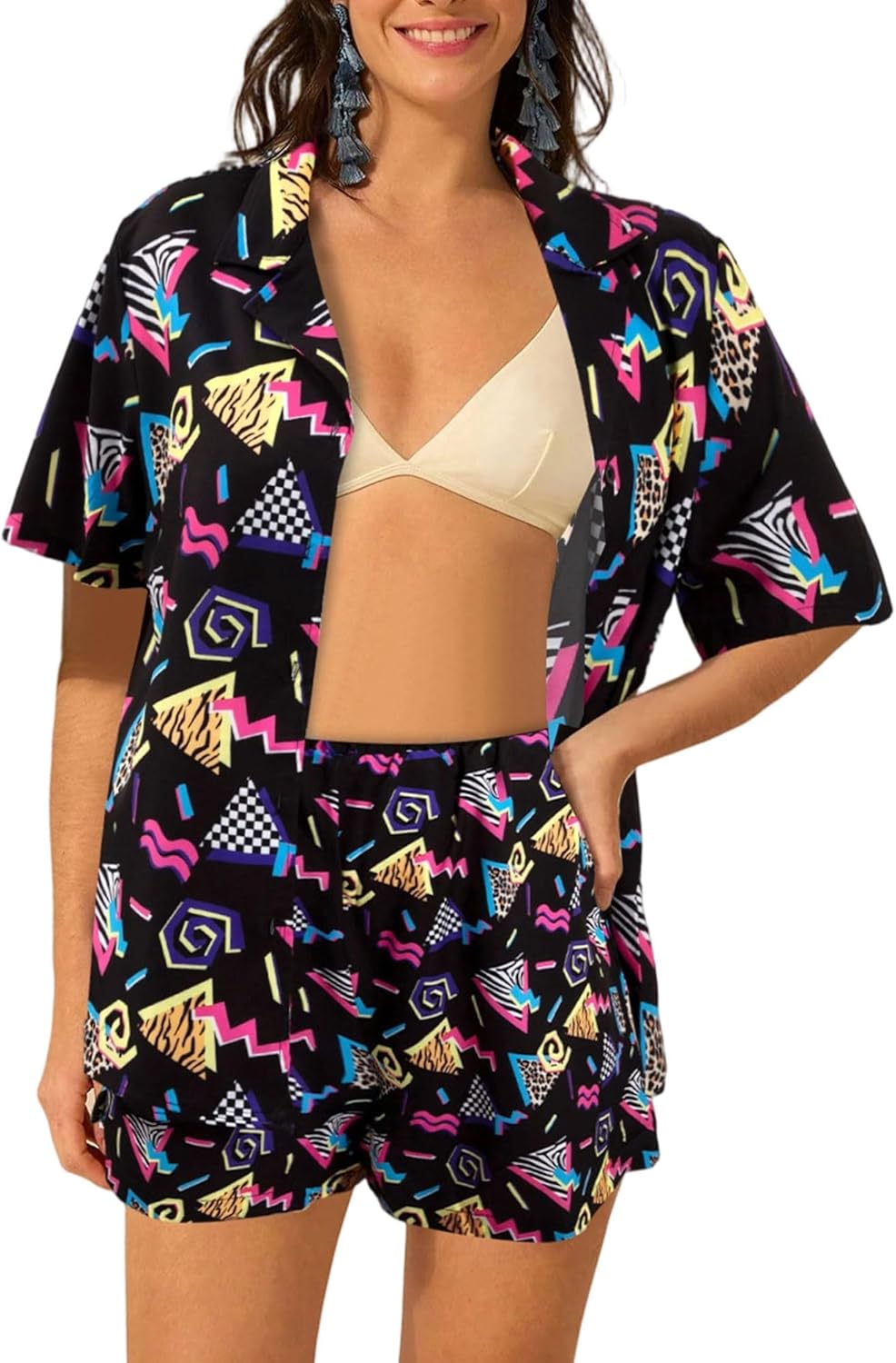 80s 90s 2 Piece Outfits for Women Retro Theme Party Disco Matching Sets Neon Button Down Top and Shorts Sets - Image 2