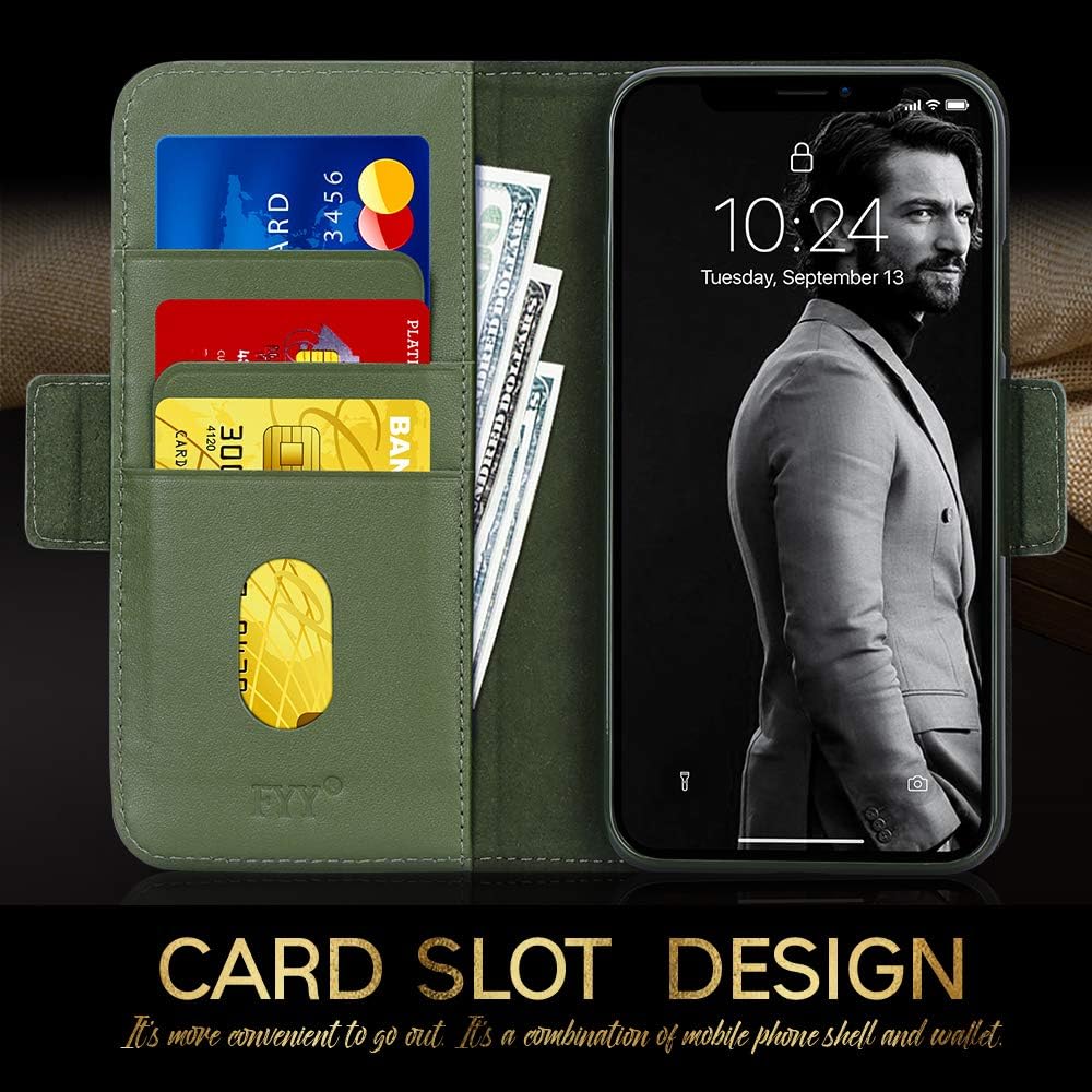 FYY Case for iPhone 11 Pro 5.8”, Luxury [Cowhide Genuine Leather][RFID Blocking] Wallet Case, Handmade Flip Folio Cover with [Kickstand Function] and[Card Slots] for iPhone 11 Pro 5.8” Green