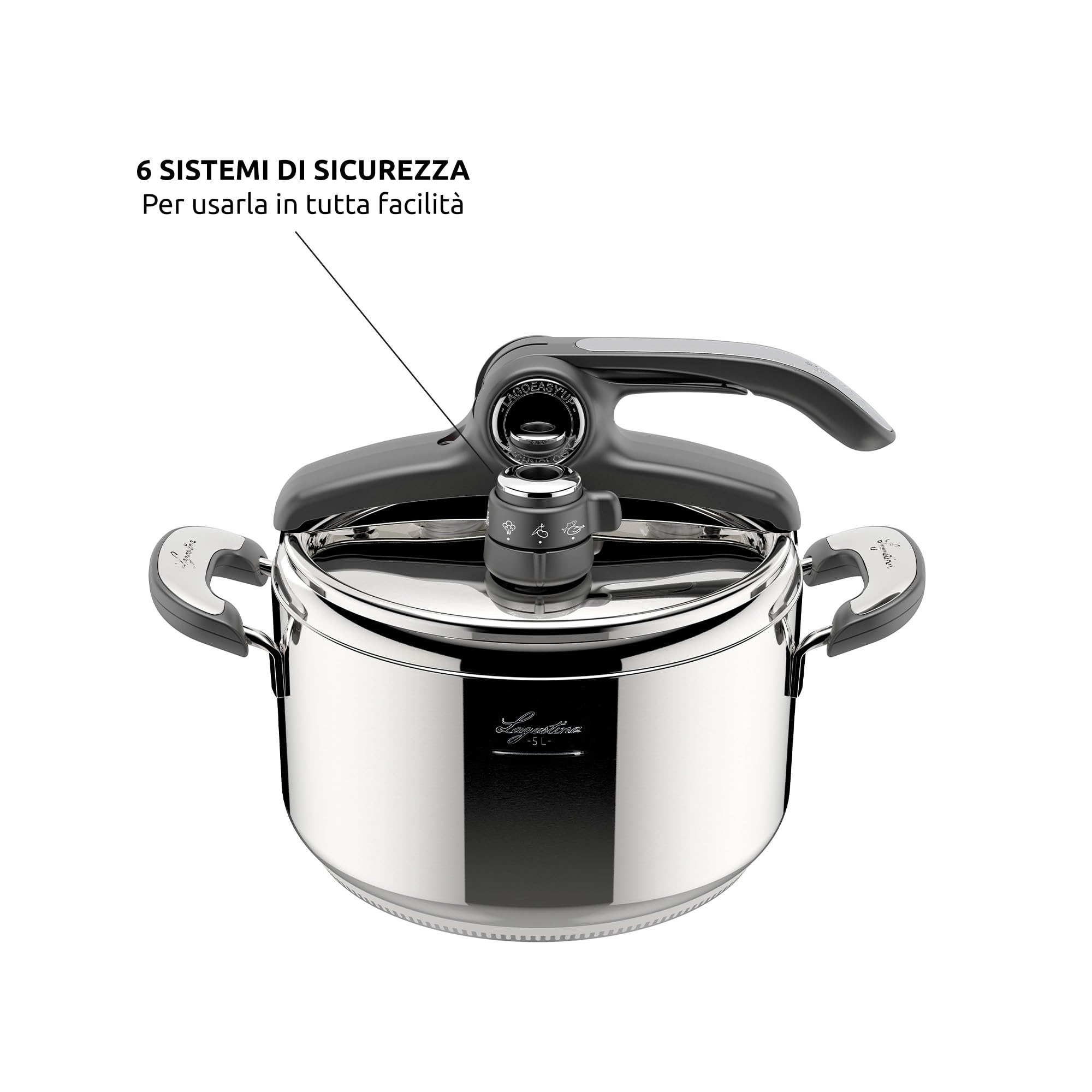 Lagostina Novia Vitamin Lagoeasy'UP Pentola a Pressione 5 L in Acciaio Inox 18/10 Ø 22 cm, Pentola Induzione e Gas, Coperchio con Apertura Facilitata, Inclusi Cestello, Ecodose e Ricettario