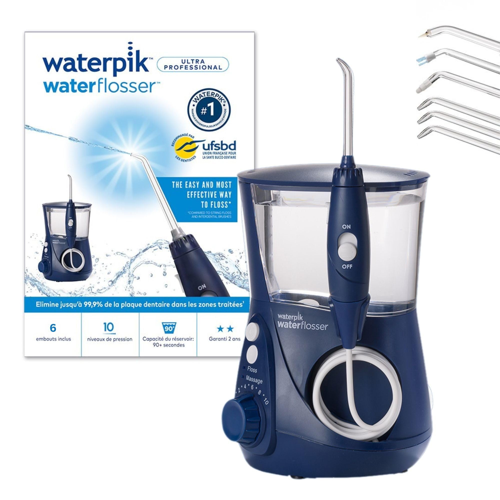Waterpik - Hydropulseur Ultra Professional, Jet Dentaire avec 7 Embouts et 10 Niveaux de Pression, Élimine la Plaque, Bleu (WP-​663EU)