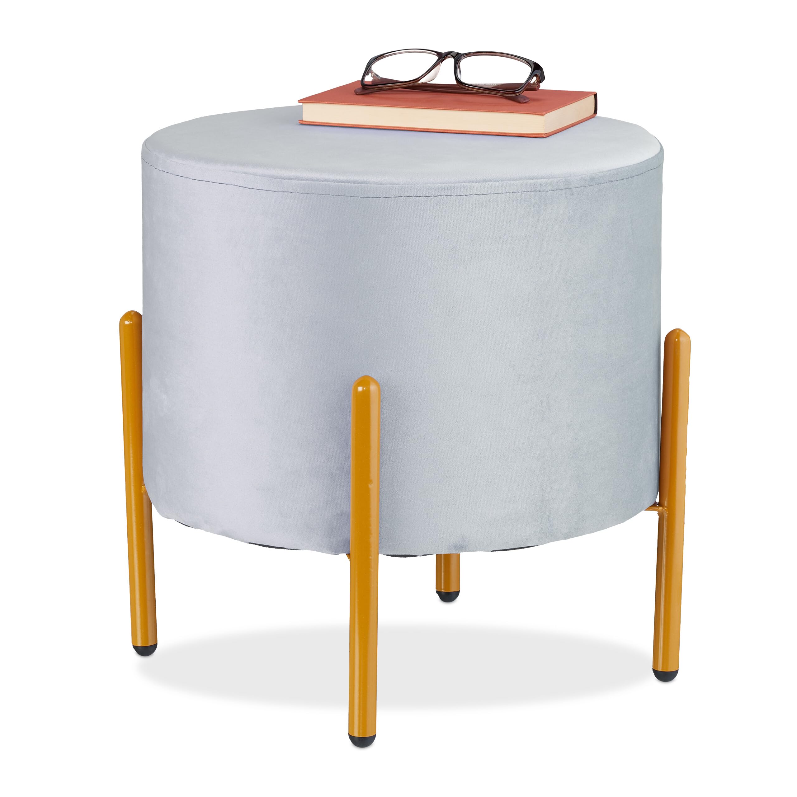 Relaxdays Hocker Samt – gepolsterter runder Hocker mit vier Metallbeinen, grau-Gold