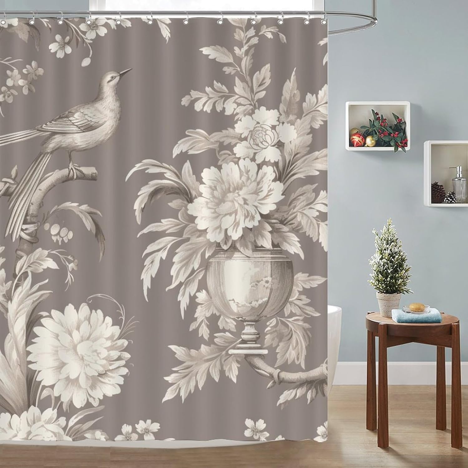 Shower Curtain 72x92in Beige Grey Flower and Bird Polyester Bathroom Bathtub Curtain Tan French Country Toile Bath Curtain Decorative Waterproof Shower Curtain with Hooks