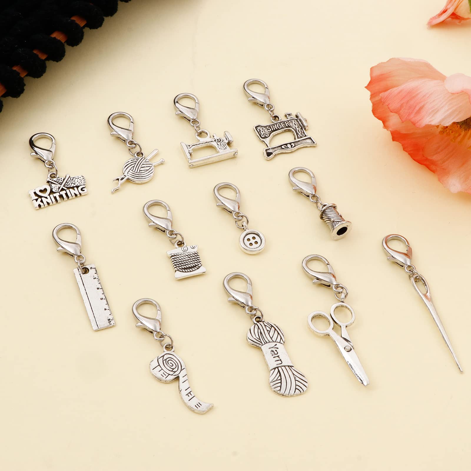 DoreenBeads 12 dijes de marcador de punto temático para ganchillo y tejer, marcador de punto de ganchillo de aleación de bloqueo de plata antigua con cierre de langosta, accesorios de ganchillo para