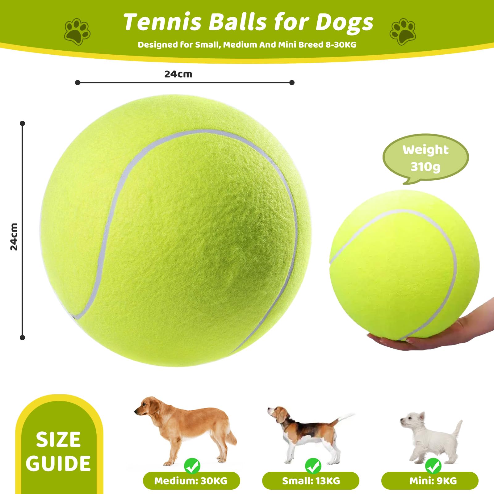 YONGHUO Dog Tennis Balls, 9.5” Tennis Balls for Dogs 310g Thickened Pet Toy, 24cm Oversize, with Metal Pump and Needles - Image 2