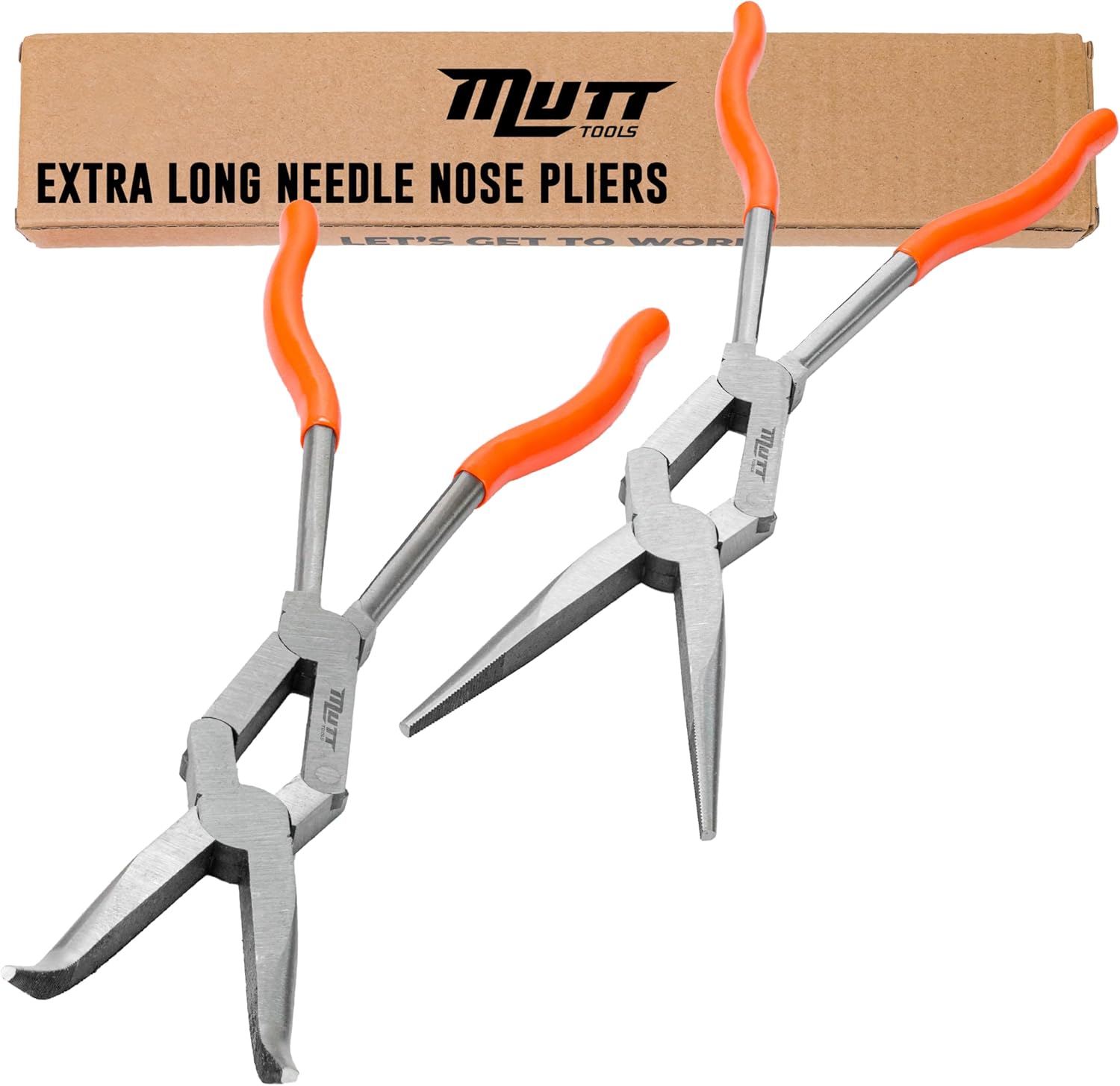 Mutt Tools 2pc 13" Extra Long Pliers Set – Needle Nose & 45° Bent Nose Pliers – Double Jointed Tools for Tight Spaces – Ideal for Automotive & Electrical Work