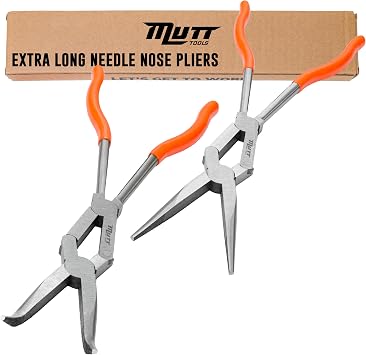 Mutt Tools 2pc 13" Extra Long Pliers Set Needle Nose & 45 Bent Nose Pliers Double Jointed Tools for Tight Spaces Ideal for Automotive & Electrical Work