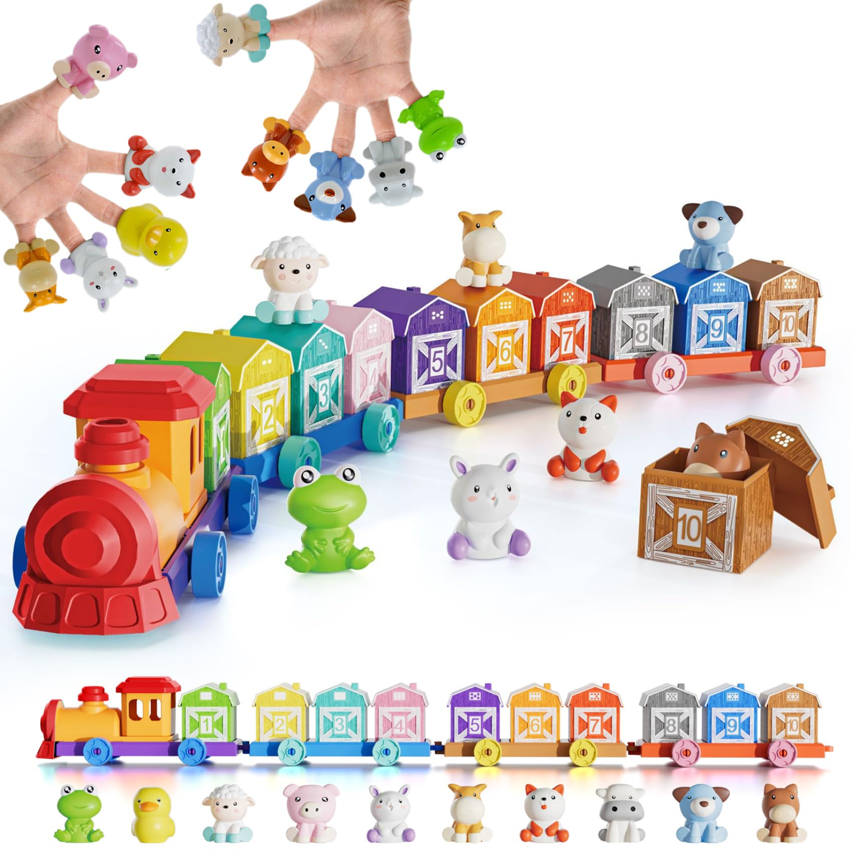 Set di treni per bambini piccoli, attività di conteggio, abbinamento e ordinamento, giocattolo per trenini per bambini piccoli con animali da fattoria, marionette da dito, giocattoli Montessori p
