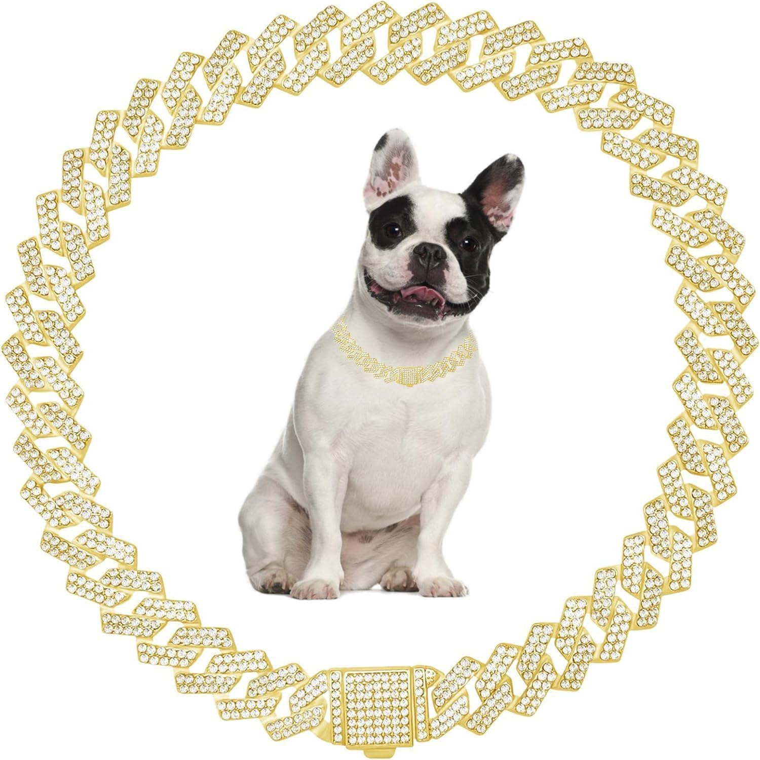 Dog Necklace,Bling Dog Chain Collars Diamond Cuban Link Dog Collar Rhinestone Cat Chain Sparkly Glitter Girls Female Kitten Puppy Necklace for Small Medium Large Pet (Gold, 20 inch)