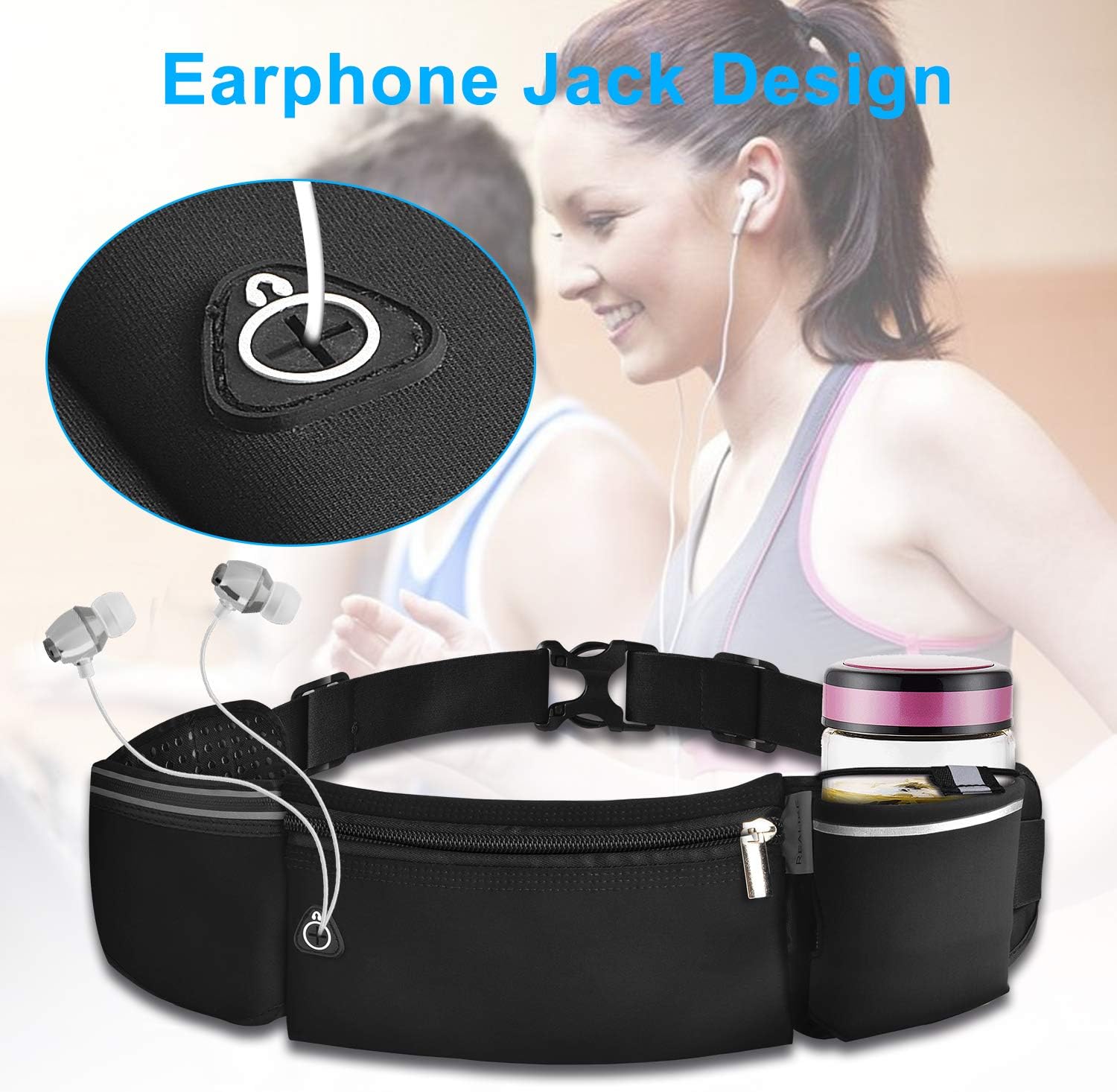 REALIKE Running Hydration Belt Pack Waist bag with Water Bottle Holder Double Zipper Pouch Funny Bag with Reflective Adjustable Strip Fit iPhone Xs max for Running, Cycling, Hiking Outdoor Sport