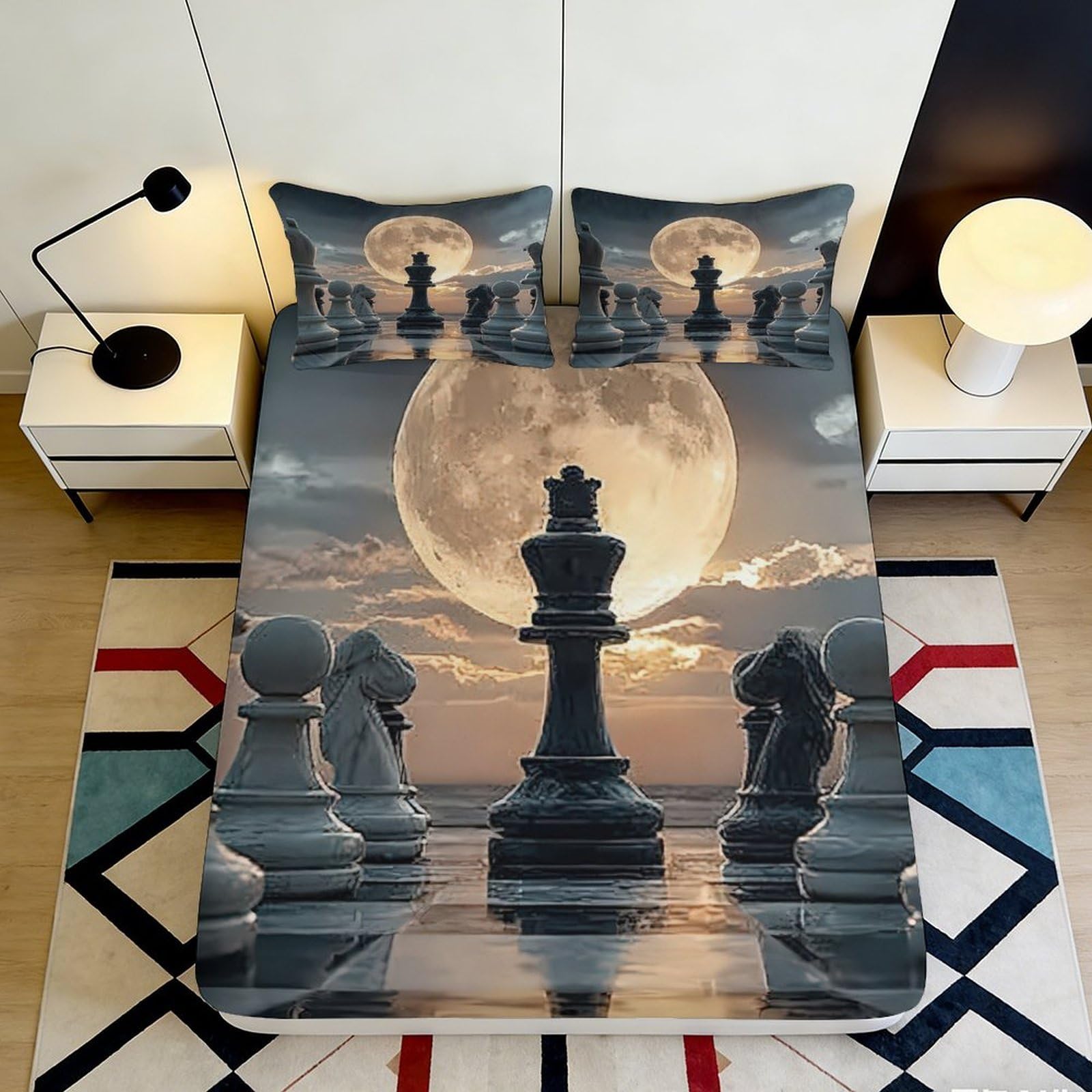 3D Printed Chess Moon Fitted Sheet Microfiber Soft Anti-Slip Mattress Cover Artistic Bedroom Decor House Guest Use 90x200x25cm