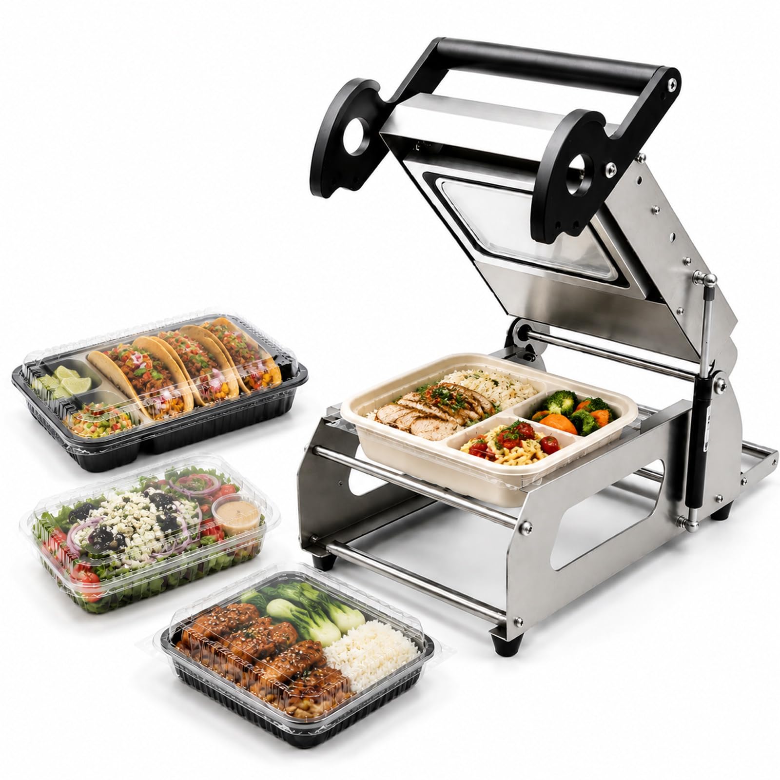 JIYINGHUI Commercial Tray Sealer Machine,30s Fast Heating,Stainless Steel,7–8 Trays/Min,260mm / 320mm Film Width,for Takeout, Bakery, Food Service Industry FR220E-180 * 130mm