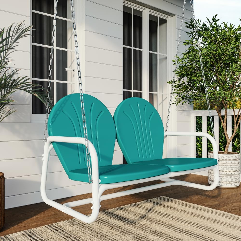 Retro Red Metal Porch Swing - Vintage Style 2 Person Metal Bench Swing