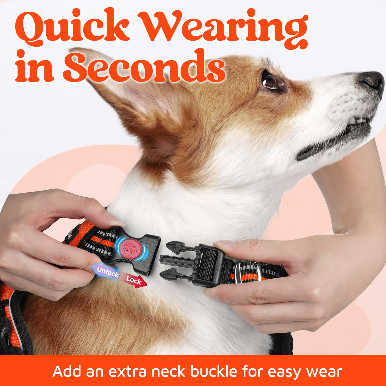 rabbitgoo Arnés para perro, tamaño mediano, sin tirones, con 3 hebillas, arnés acolchado suave ajustable para mascotas, con asa de fácil control y tiras reflectantes, naranja, M