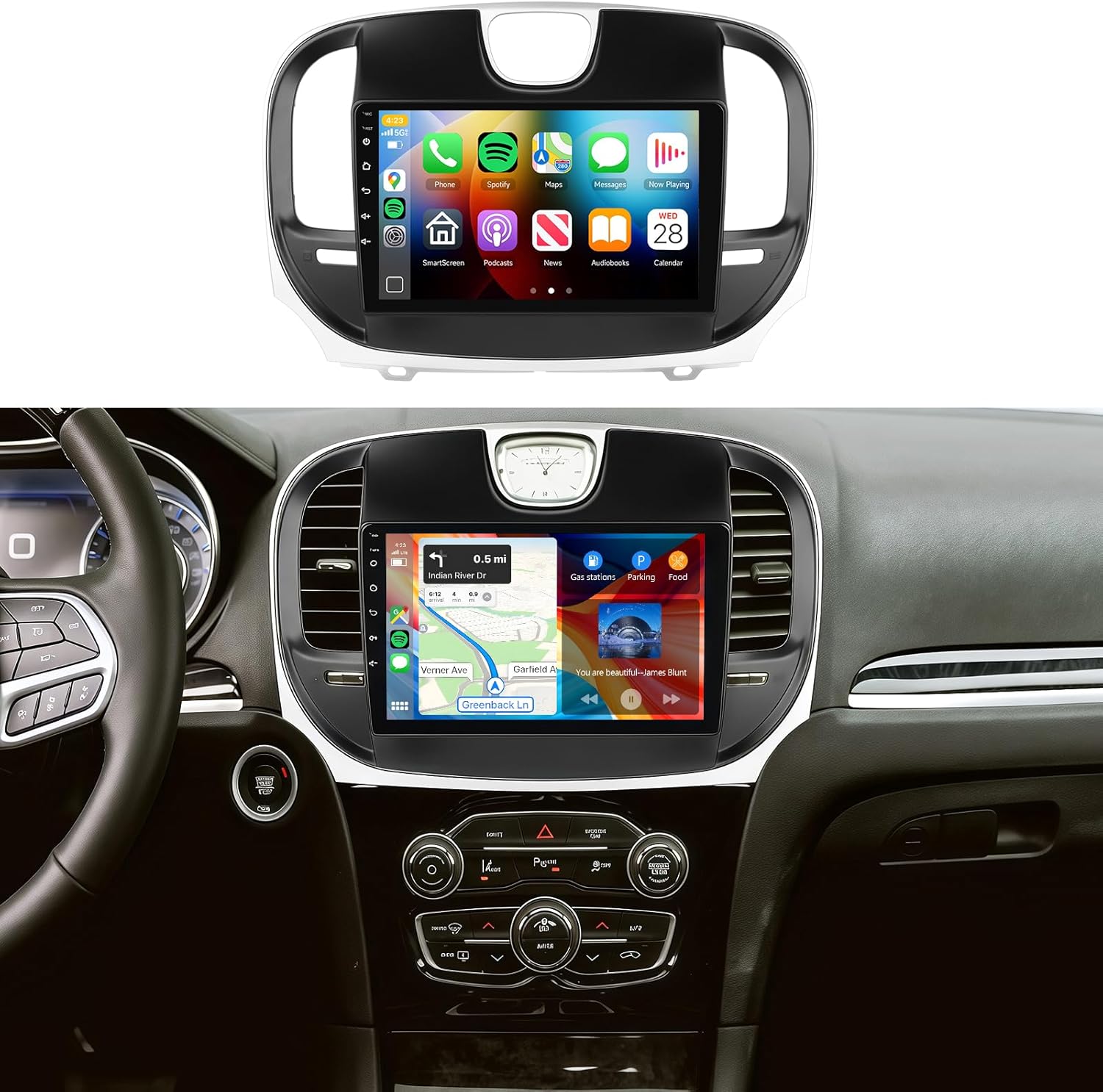 4G+64G Car Radio Stereo for Chrysler 300 2011-2019, 9inch IPS Touch Screen/Android 15/Wireless CarPlay/Android Auto/32 EQ/GPS Navigation/WiFi/5.0Bluetooth/FM/RDS/SWC/AHD Backup Camera