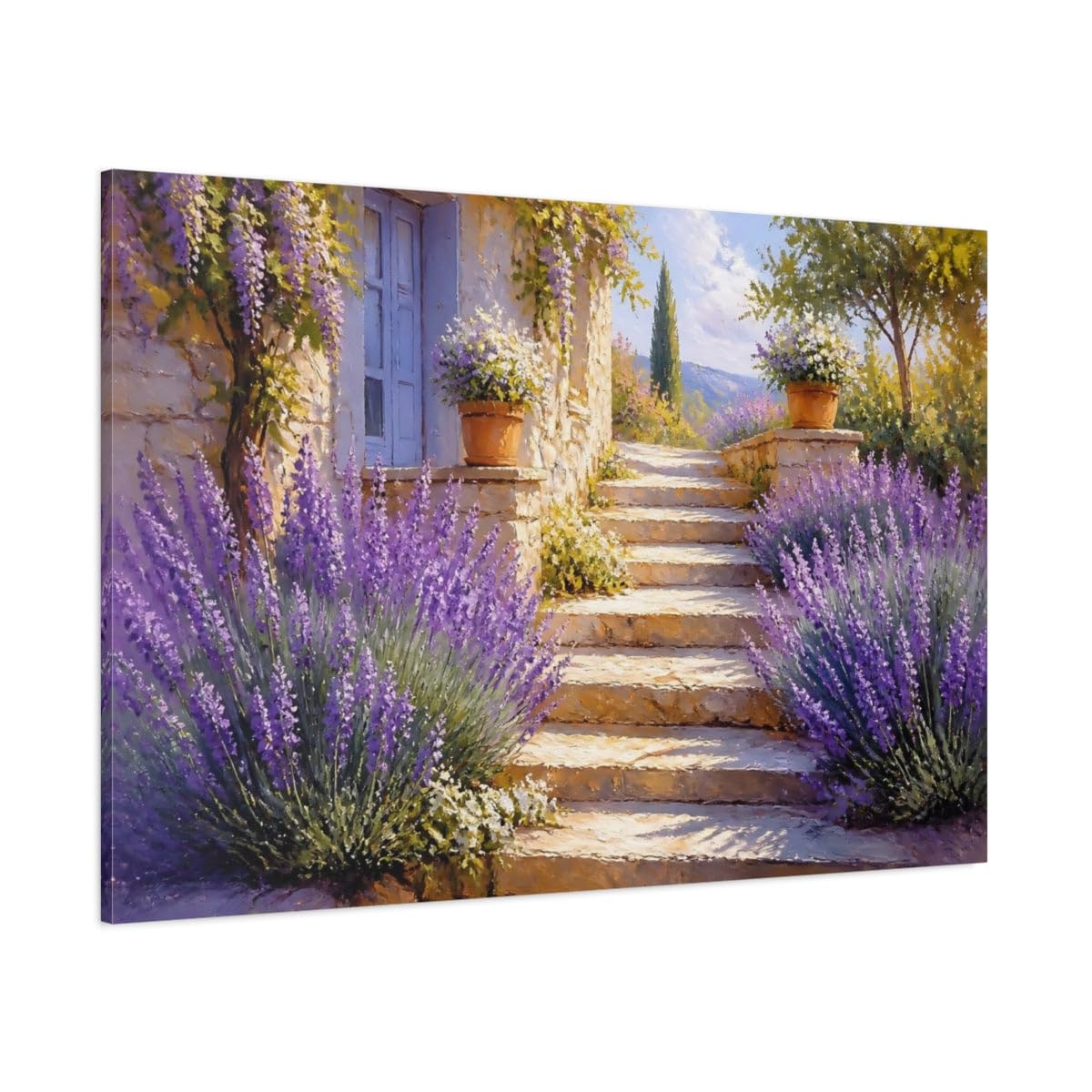 Sunlit Lavender Steps Canvas Print – Living Room, Above Fireplace, Purple & Warm Beige 18×12 inch (45×30 cm) - Horizontal / 1.25 inch (3 cm)