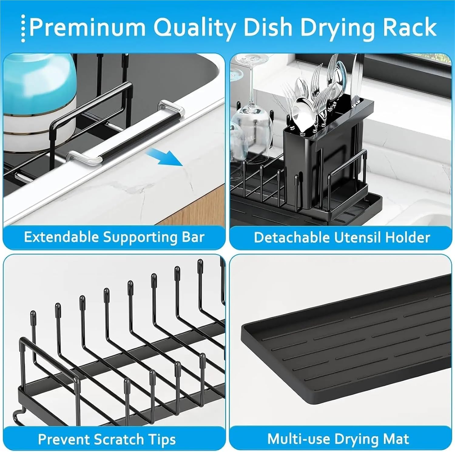 Sink Dish Drying Rack Expandable Dish Rack with Silicone Drying Tray Dish Drainer for Kitchen Counter with Cutlery Holder