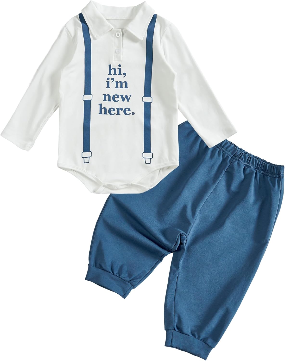 Toddler Baby I'm New Here Crew Long Sleeve Snap Closure Romper Top Jogger Pants Set Cute Fall Winter Clothes Set - Image 2
