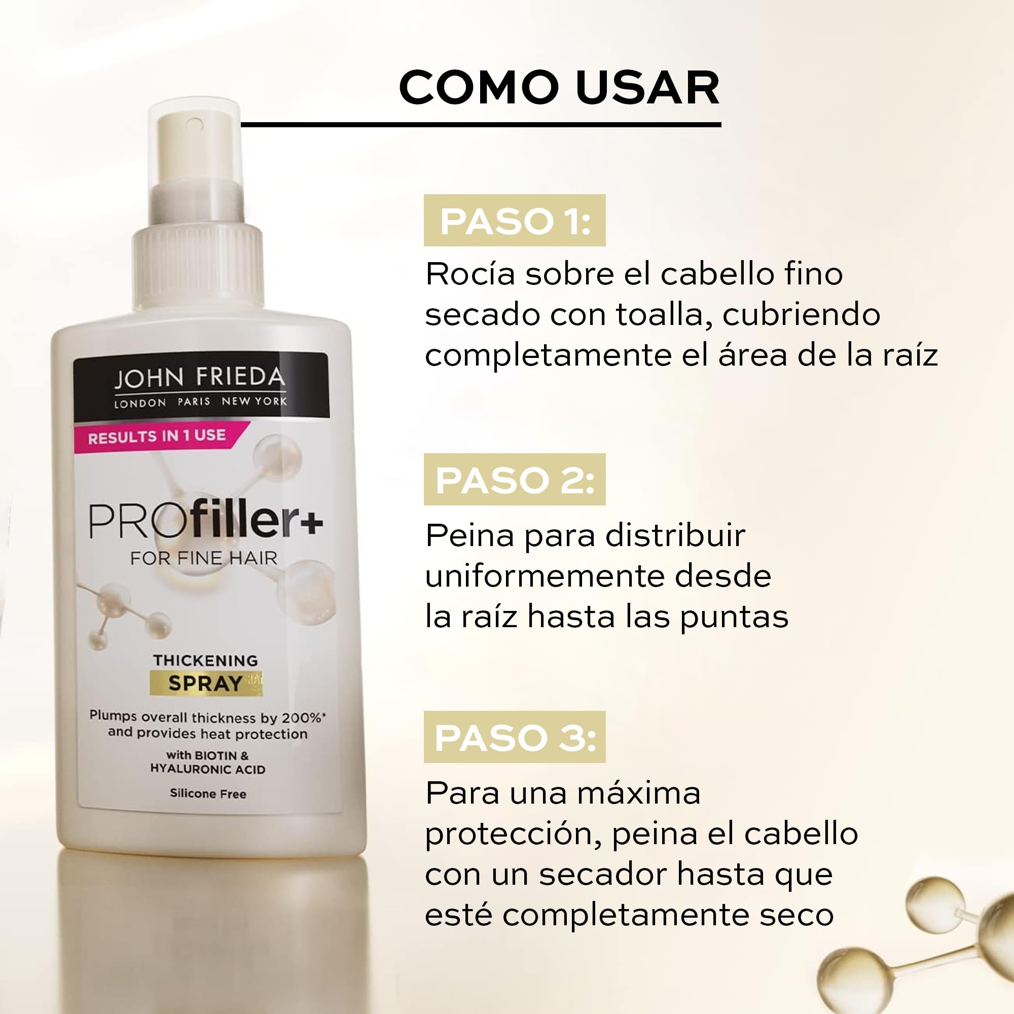 JOHN FRIEDA - Spray Densificador Profiller 150 ml, para Cabellos Finos y Débiles, Fortalece y Densifica, con Biotina y Ácido Hialurónico, Ayuda a Reducir Caída de Cabello Dañado, Protección Térmica