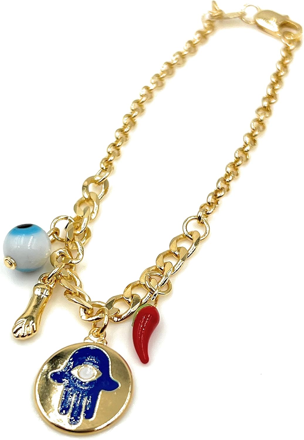 Gold Filled Hamsa Evil Eye Lucky Bracelet for Women "7.5 Inches" Length Good Fortune Jewelry
