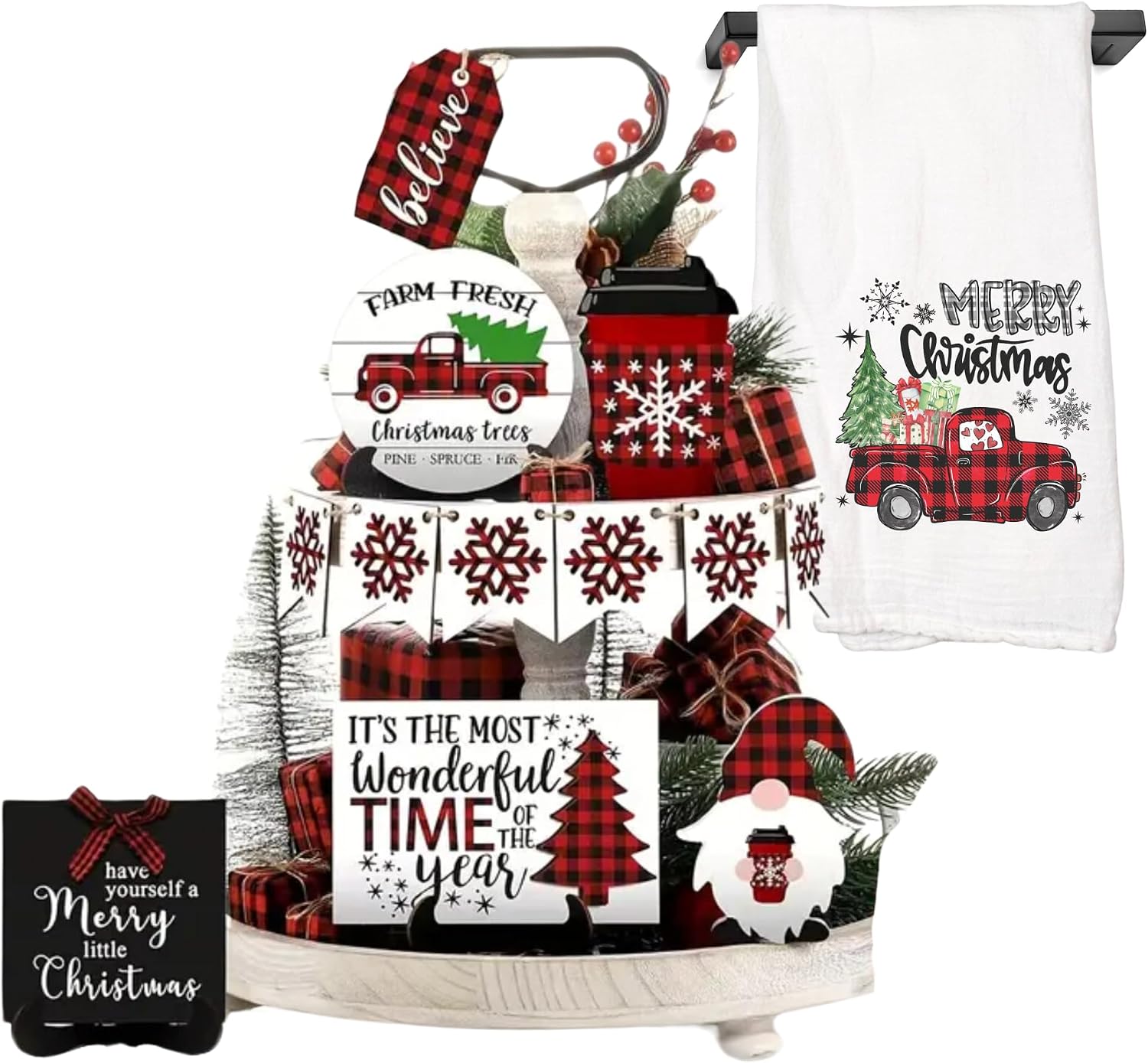 Christmas Tiered Tray Decor Set with Flour Sack Towel - Farmhouse Red Truck & Tree 12 Wood Pieces Coffee or Hot Cocoa Bar Decorations