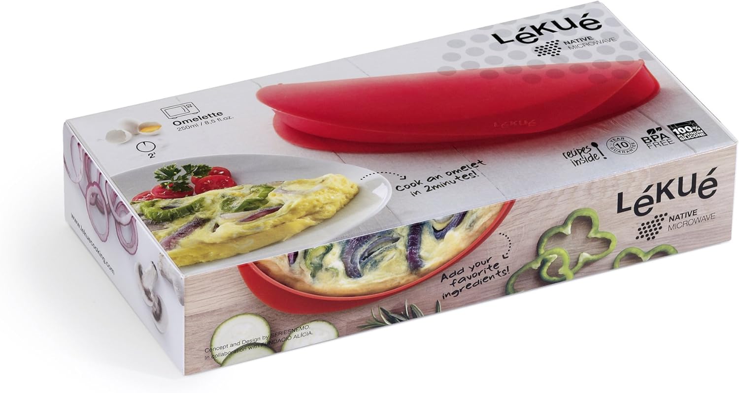 Lékué Microwave Omelette Maker | Red | 100% Platinum Silicone Easy Steam Egg Omelette Cooker | Dishwasher, Freezer-Safe, Heat-Resistant Case | Recipes Included