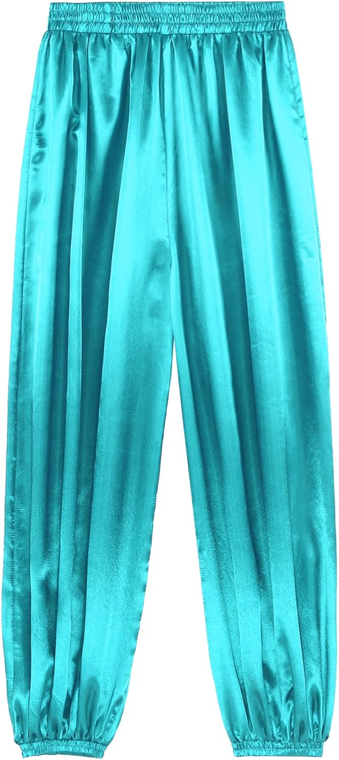 iiniim Womens Belly Dance Pants Elastic Waistband Satin Harem Pants Dancing Tribal Harem Pants Latern Bloomers Pants