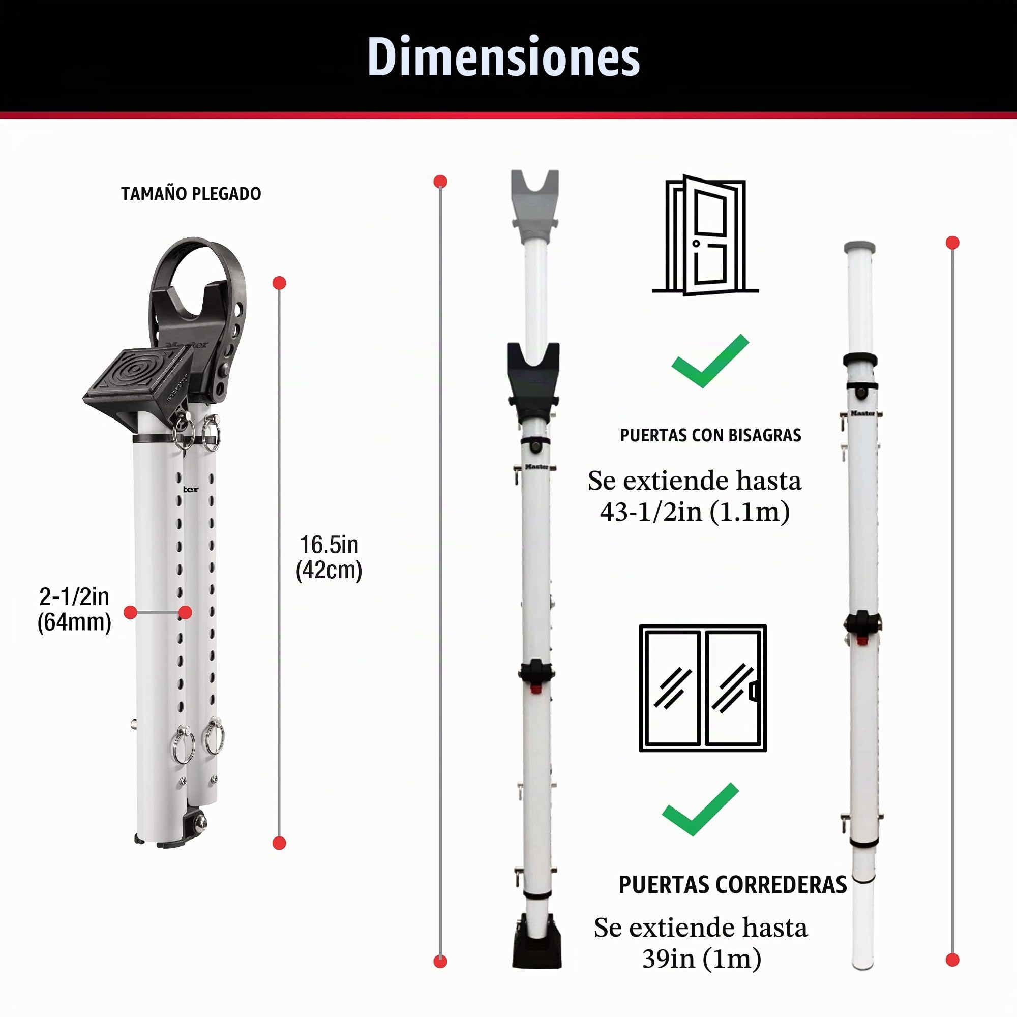Master Lock Tope de puerta compacto, barra de seguridad plegable, ajustable para puertas batientes y correderas, color blanco