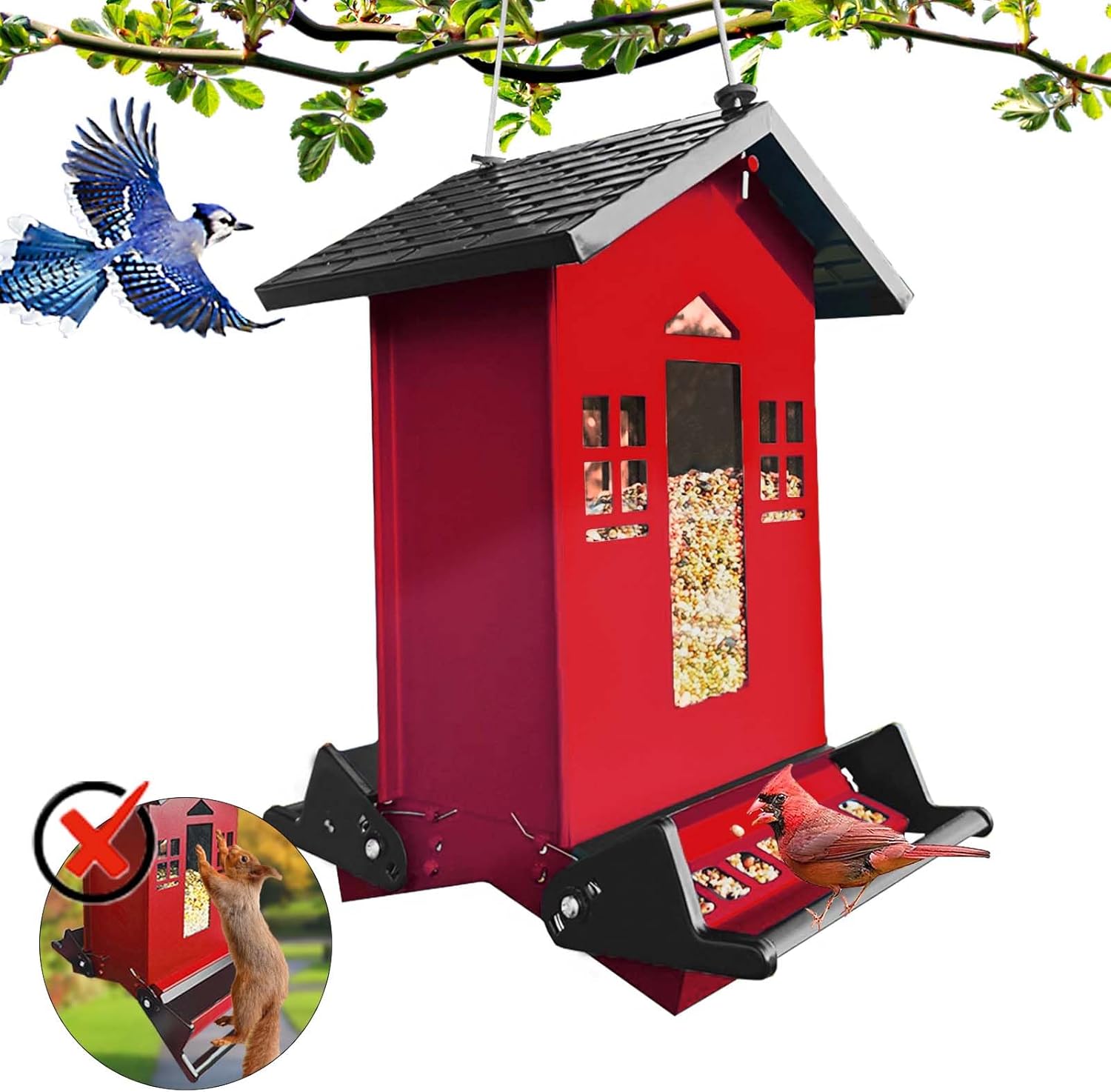 Squirrel Proof Bird Feeder for Outdoors, 6LBS Large Hanging Bird Seed Feeders for Outside, Weight-Activated Perches Metal Wild Birdfeeder for Blue Jay, Cardinal (Red)