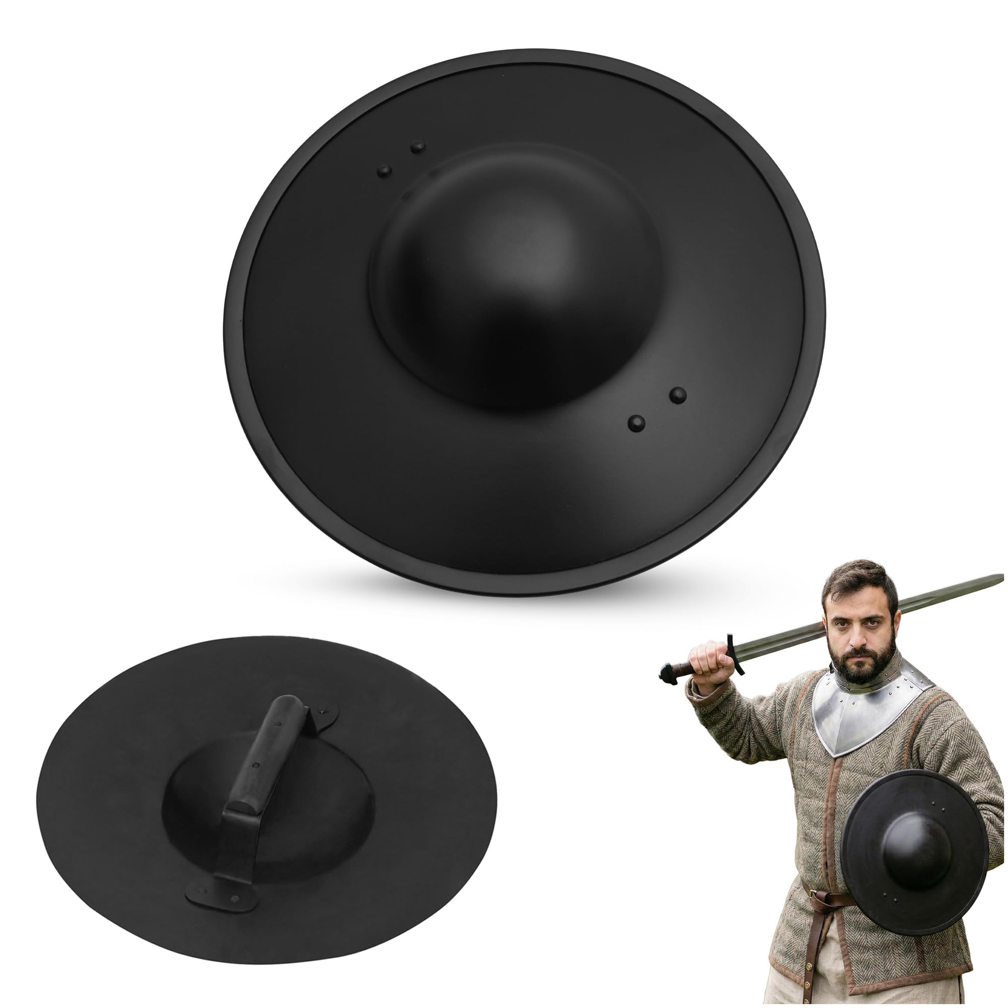 Lord Of Battles Unisex Black Late Medieval Steel Buckler Handmade Shield With Wooden Handle Battle Ready, Ideal For Larp, Ren Fair (Blackened Buckler)