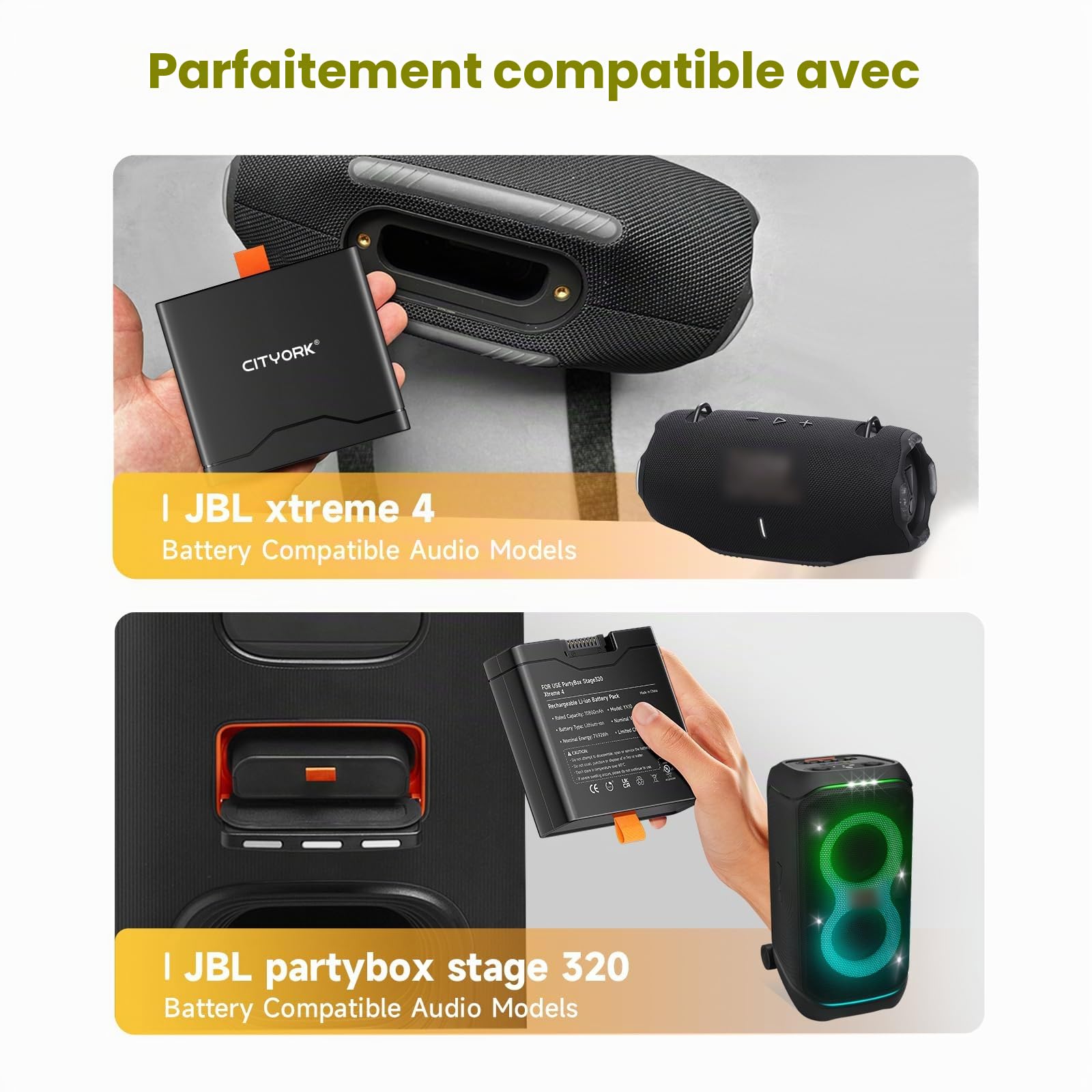 CITYORK 7,4V/10800mAh Batterie de rechange pour enceintes Bluetooth JBL Partybox Stage 320 / JBL Xtreme 4, échangeable en quelques secondes pour que la fête dure deux fois plus longtemps